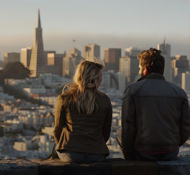 A couple talks to each other while looking out on a city.