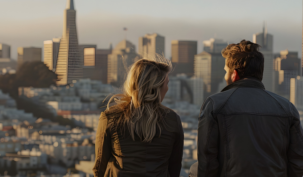 A young couple sits together while looking out over a city.