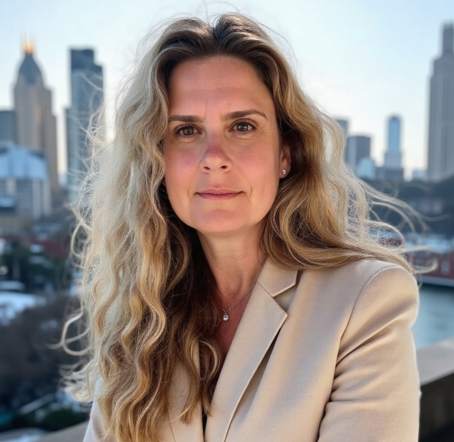 Photo of Anahata Neuman, M.A. Clinical Psychology, in front of city buildings.