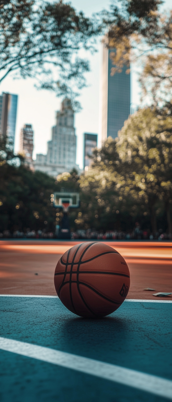 A lone basketball sitting on an outdoor basketball court.